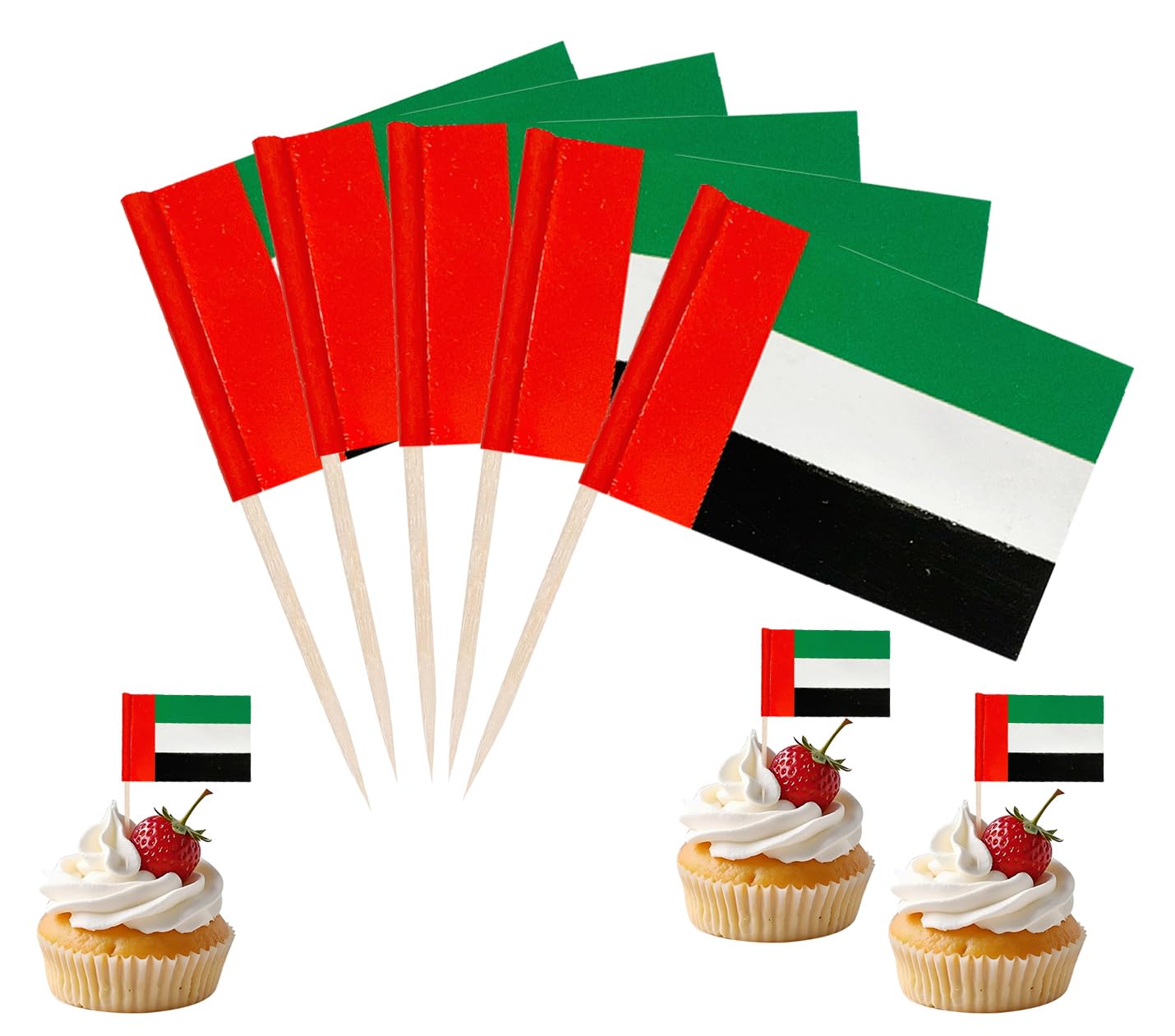 JBSJBS UAE Flag United Arab Emirates Cupcake Topper Flags Banner Mini Small United Arab Emirates Toothpick Stick Flags Cake Party Festival Theme Decorations(100Pcs) — image 1