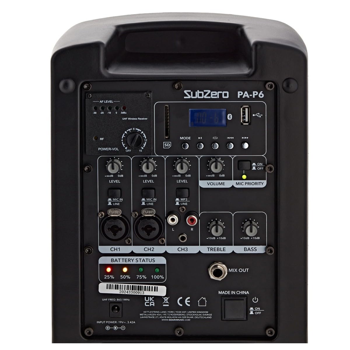 SubZero SZPA-P6 Tragbarer PA-Lautsprecher mit Bluetooth | Integriertes Mischpult mit XLR/Klinken-Kanälen, drahtloses UHF-Handmikrofon, bis zu 6 Stunden Akkulaufzeit