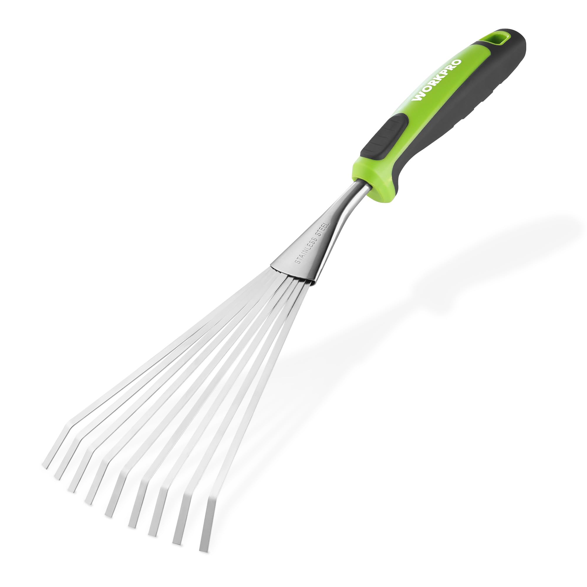 WORKPRO Rastrillo Mano 41cm de Acero Inoxidable con Mango Antideslizante | Ideal para Aflojar Tierra, Cultivar y Esparcir Mantillo en Parterres, Macetas y Diferentes Zonas del Jardín