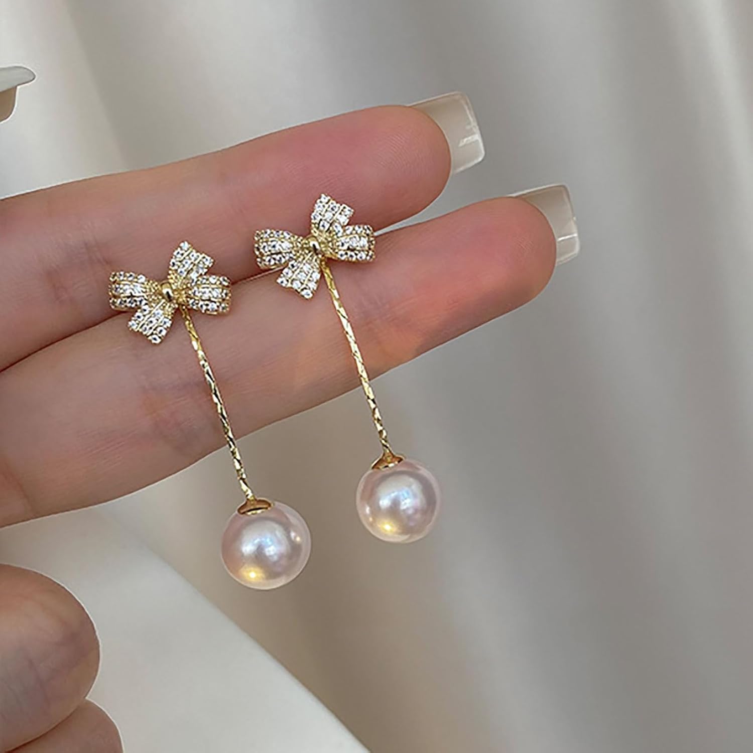 Boho Pearl Drop Jacket Earrings Crystal Bow Earrings Pearl Dangle Earrings Vintage Pearl Bead Earrings Bow Pearl Earrings Jewelry for Women and Teen - Image 3