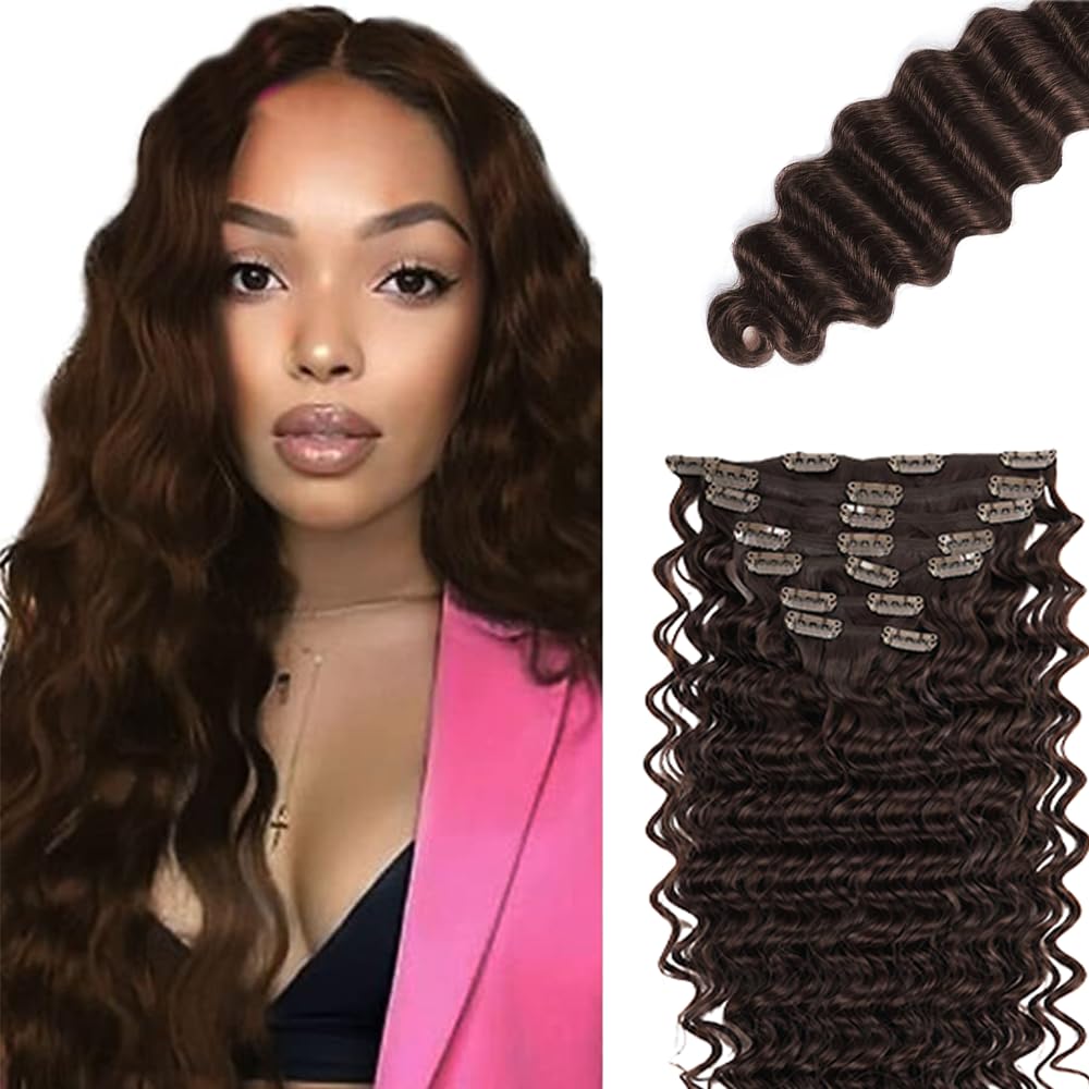 Photo 1 of #4 Brown Clip in Hair Extensions Real Human Hair, 30 Inch 120g/7Pcs,Full Shine Dark Brown Remy Human Hair,Chocolate Brown Deep Wave Clip ins Brazilian Virgin Hair Extensions