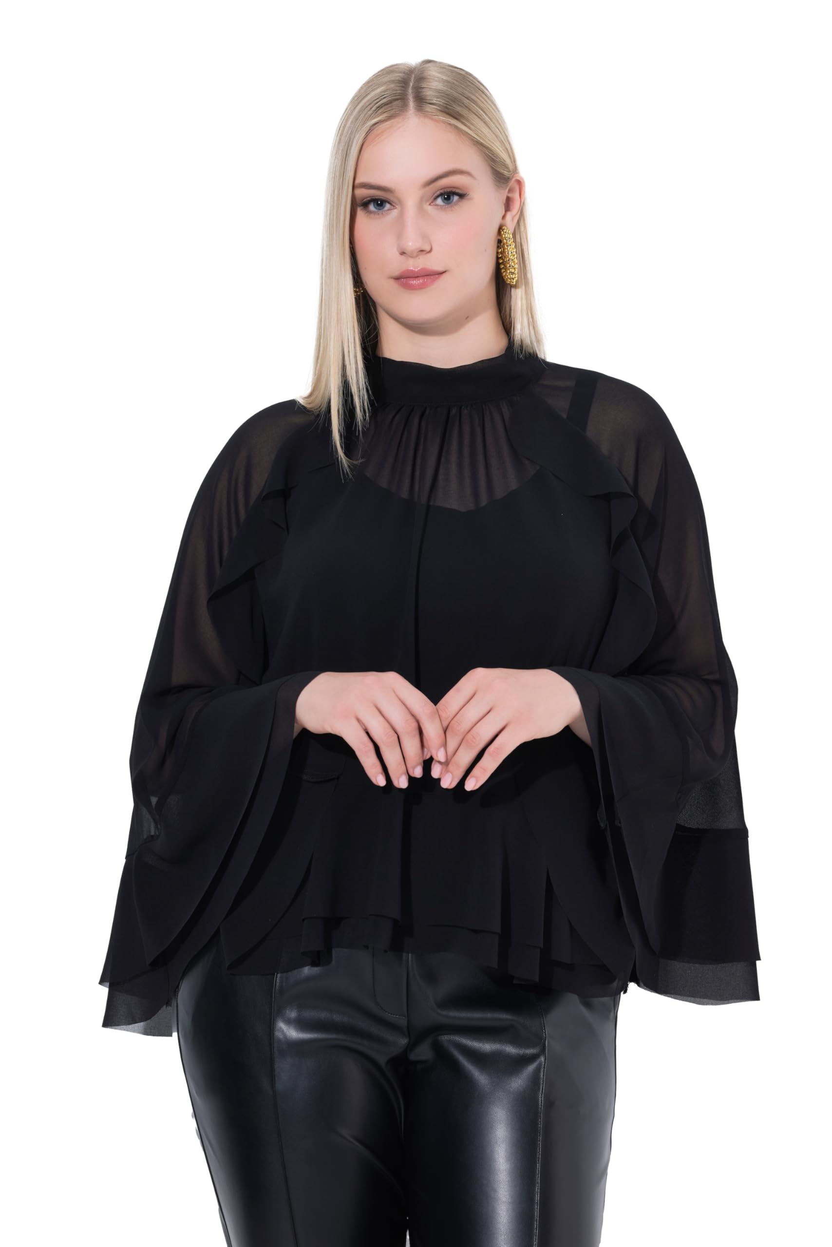 Ulla Popken Damen große Größen Übergrößen Plus Size Cape-Bluse, Chiffon, Stehkragen, Schal 844830