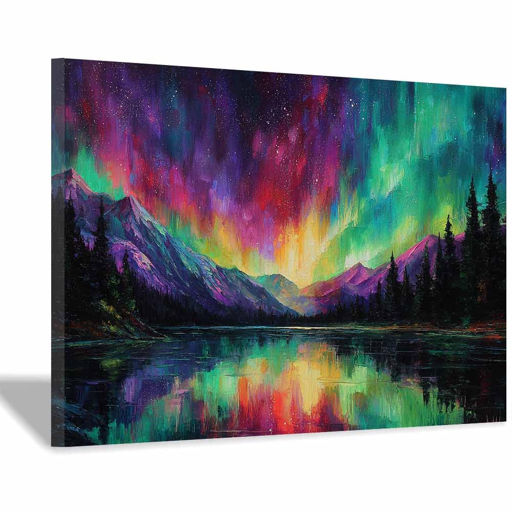 Huyeei Multicolored Canvas Print Wall Art Aurora Lake Modern Nature Landscape Poster, For Living Room, Bedroom,Corridor Office Room Decoretc.(Multicolored)-70X100cm Framed