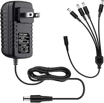 DC 12V 2A Power Supply Adapter with 1 to 4 Power Splitter,AC 100-240V Power Cord Cable for CCTV Security Camera Surveillance System/DVR/NVR/LED Strip Lights