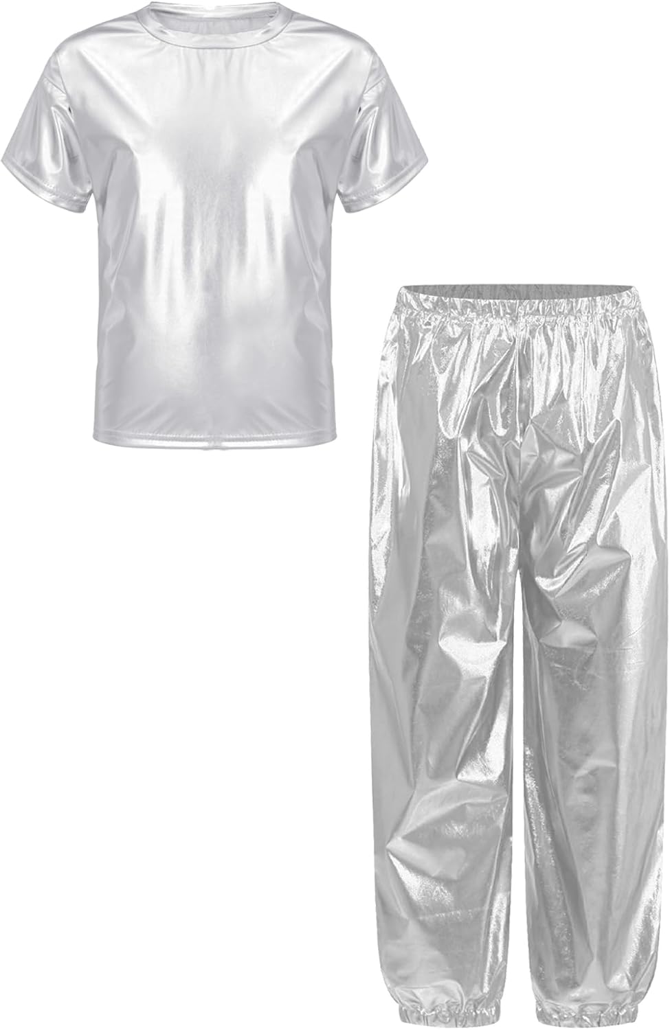 Boys Girls 2 Pcs Tracksuit Hip Hop Jazz Dance Outfit Metallic Short Sleeve T-Shirt with Shiny Pants Street Dance Set