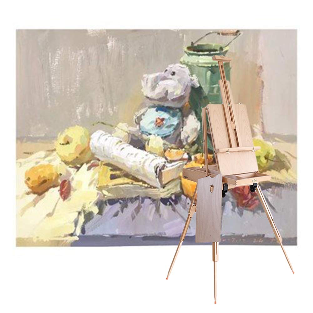 WDSOPK Wooden Oil Painting Easel Art Sketch Easel Folding Sketch Box Advertising Display Board with Universal Wheel(Beige)