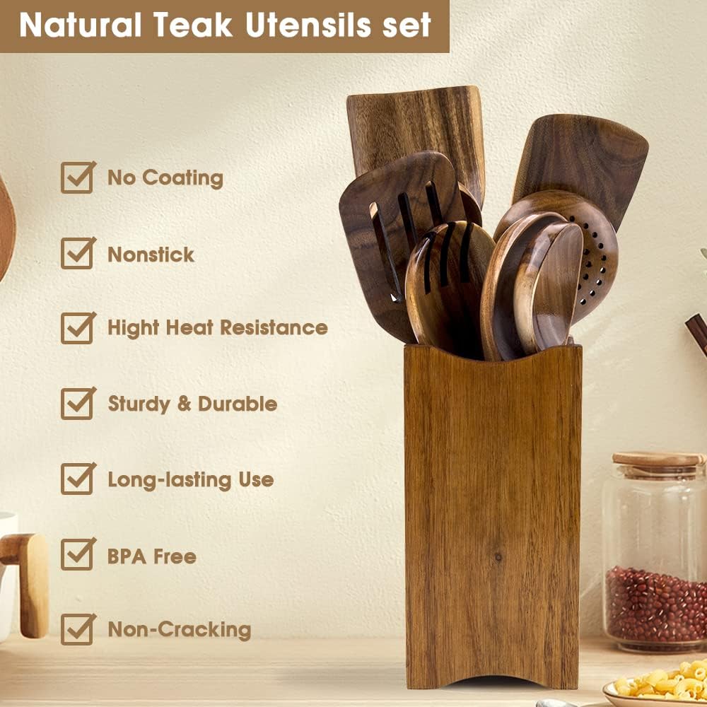 GUANKE Cucharas de madera para cocinar, juego de utensilios de cocina de madera de teca con soporte y soporte para cucharas, cucharas de madera lisa, utensilios de cocina antiadherentes, cucharas de
