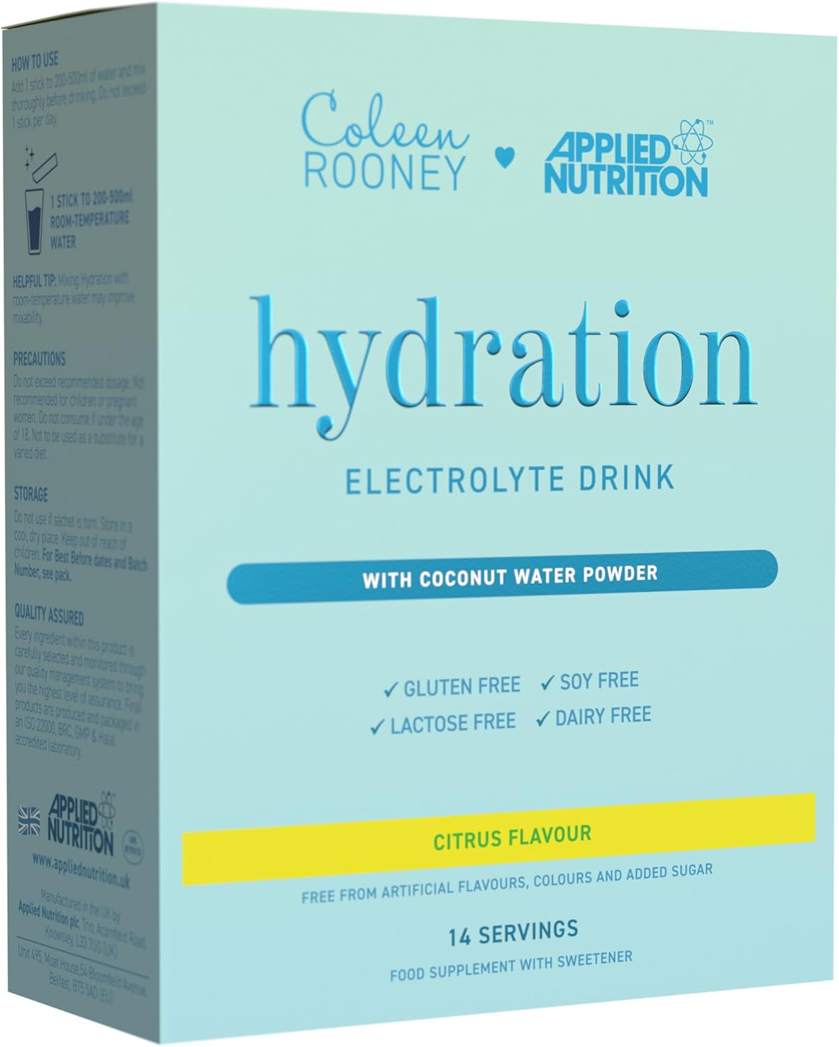 Applied Nutrition – Coleen Rooney – Hydration Powder – Coconut Water Infused – Best Electrolyte Drink Mix – Best Travel Hydration Sachets – Rapid Hydration Formula – (14 Sachets – 7g Each) (Citrus)
