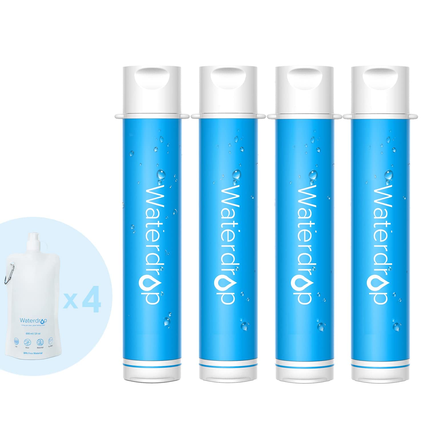 Waterdrop Water Filter Straw, Water Purifier Survival for Camping, Travel, Backpacking and Emergency Preparedness, Water Filtration System Survival, 4 Pack with 4 Water Pouch