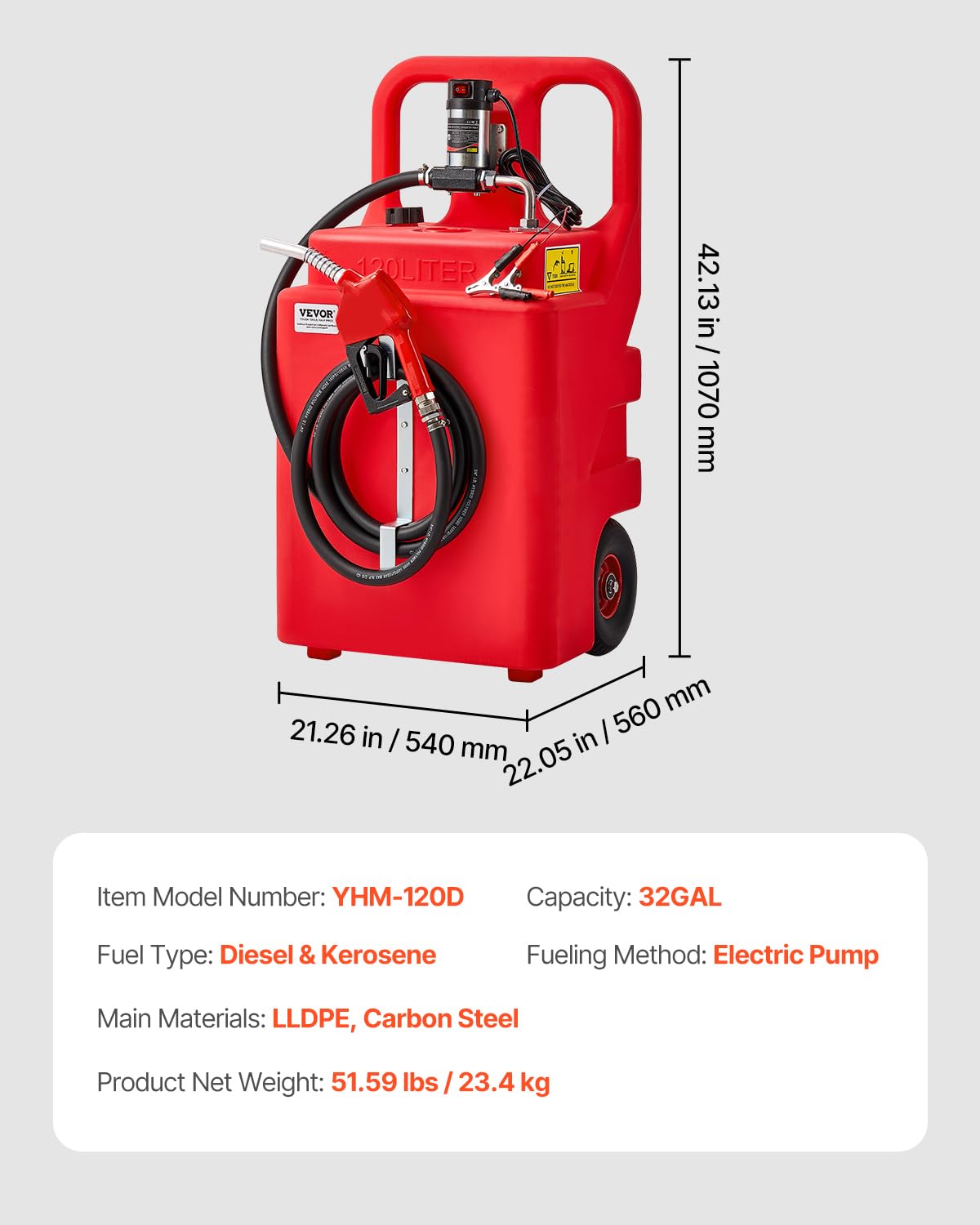 VEVOR Wózek paliwowy, 121 l, kanister na paliwo z pompą transferową paliwa 12 V DC, wąż doprowadzający i dysza 3,96 m, zbiornik gazu do łodzi motorowych, pojazdów terenowych, generatorów, diesla i