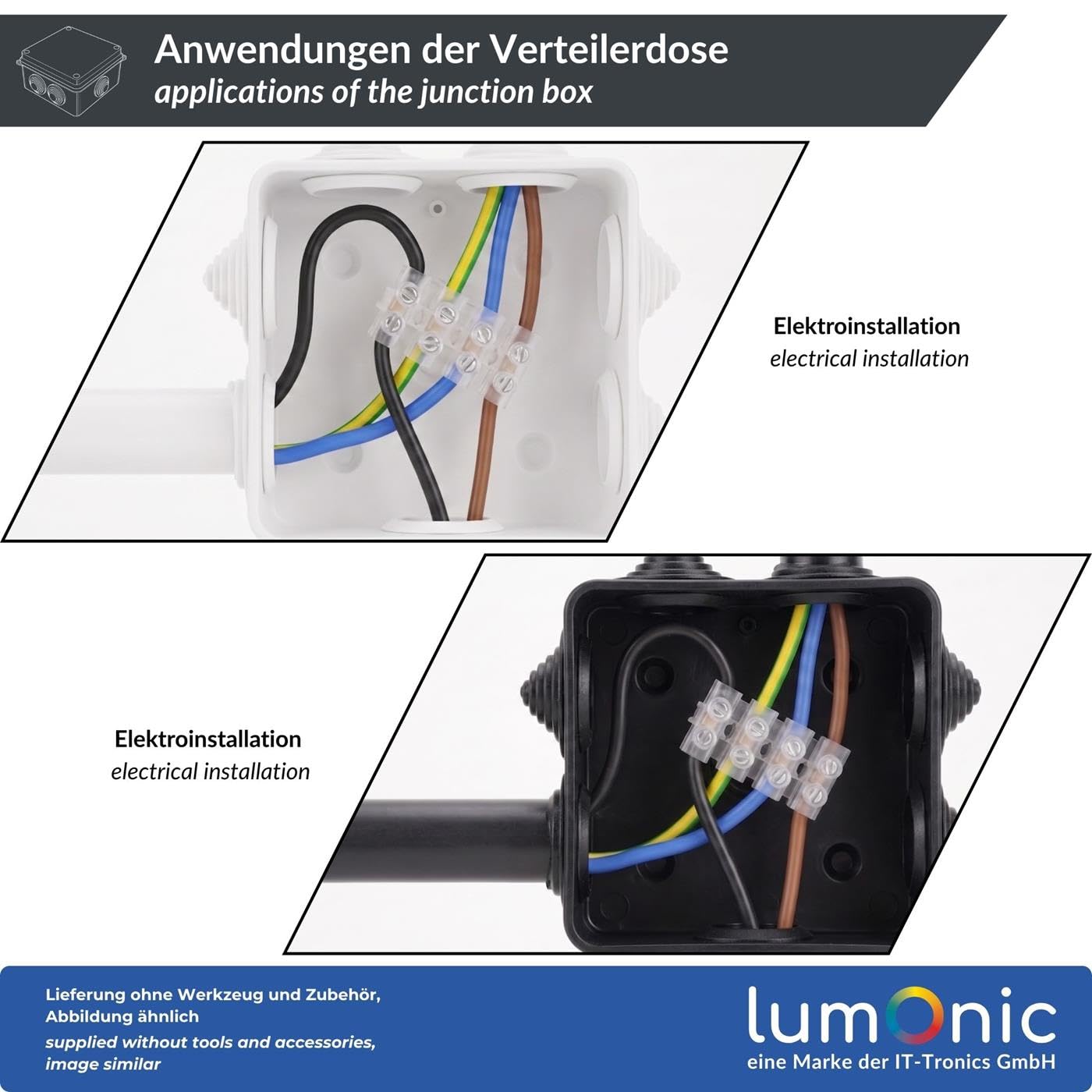 Lumonic Boîte de distribution en saillie IP65 Blanc | extra large, 300x250x120mm, 12 entrées de câble | Couvercle vissé | PVC de haute qualité | Grand espace intérieur pour les profilés chapeau, les b