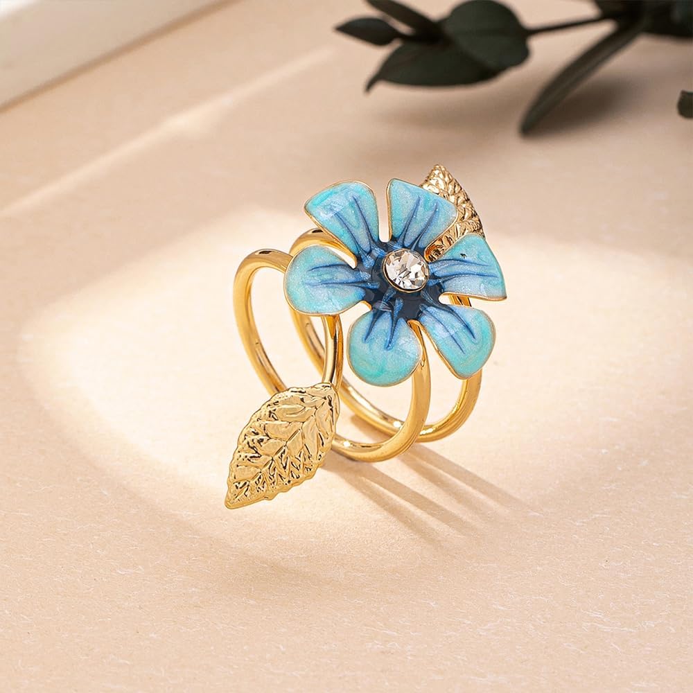 NewZenro Elegant CZ Flower Enamel Ring for Women Gold-Tone Plated Chic Crystal Floral Leaf Statement Finger Wrap Band Rings Comfort Fit Engagement Wedding Party Prom Fashion Jewelry