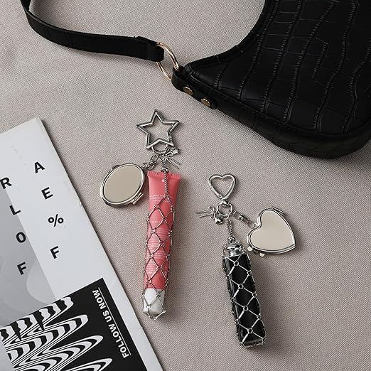 Image of Lipstick Holder Keychain,with Mirror Set with Heart Shape Clasp and Metal Mesh Pouch for Bag Charm Decoration, Portable Cosmetic Case for Women and Girls