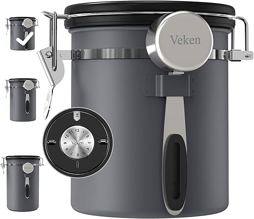 Veken Recipiente de café, recipiente hermético de acero inoxidable para almacenamiento de alimentos de cocina con rastreador de fecha y cuchara para
