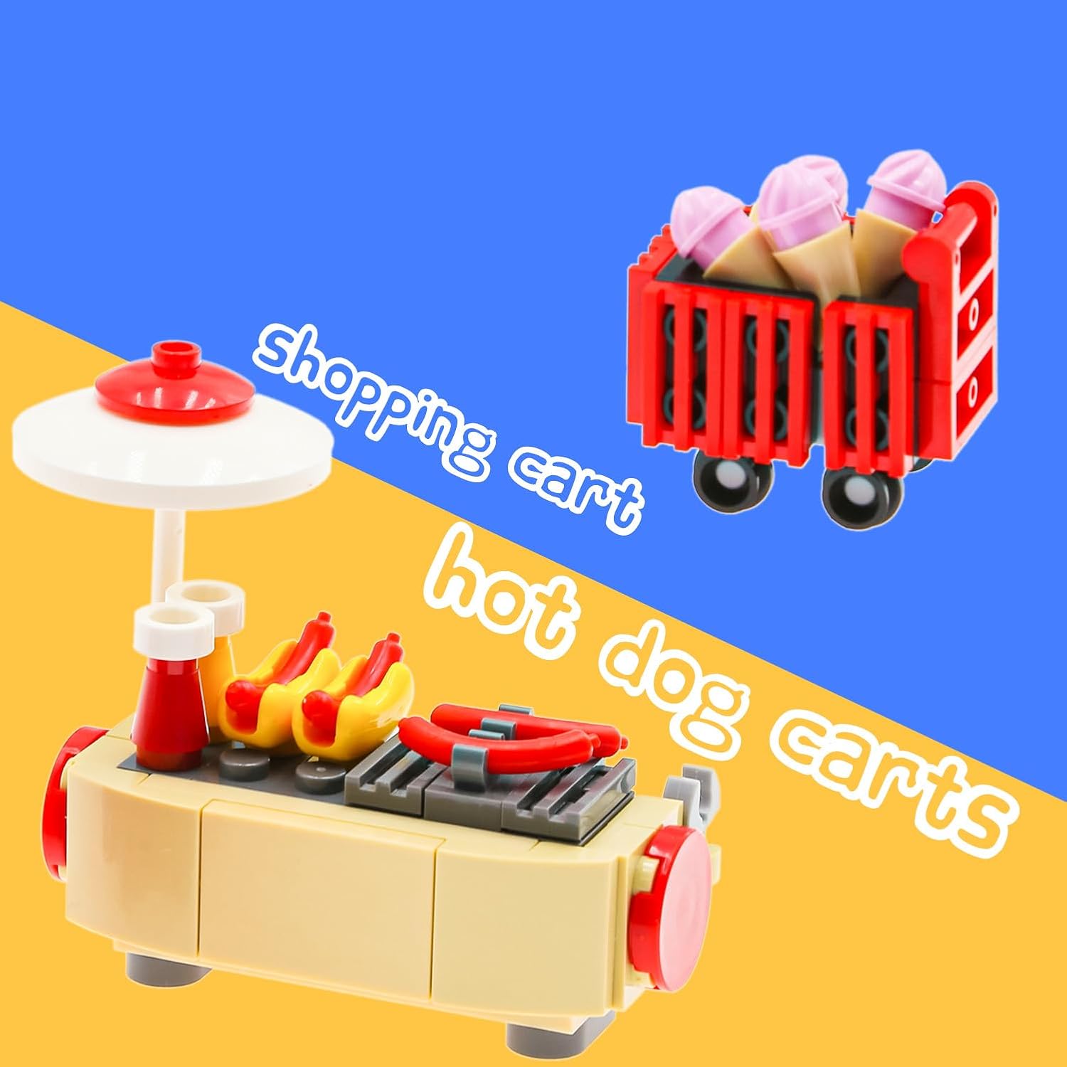 BloxBrix 370pcs City-Friends Brick-Food-Pieces -Fruit-Apple-Banana-Pineapple-Cherry Desserts-Ice Cream-Cake-Sweet Cone Picnic-Pizza-Hotdogs-Turkey-Fish-Beer-Money Toys for Extra Bricks