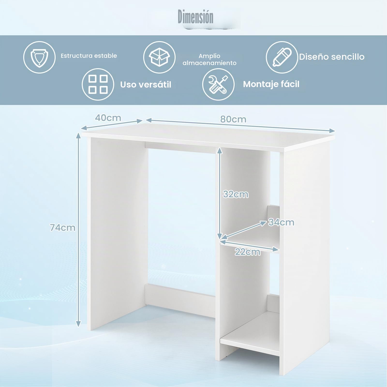 GIANTEX Escritorio de Ordenador con 2 Estantes Laterales, Mesa de Trabajo con Diseño Compacto, 80 x 40 x 74 cm, Escritorio de Madera para Oficina, Dormitorio, Estudio (Blanco)