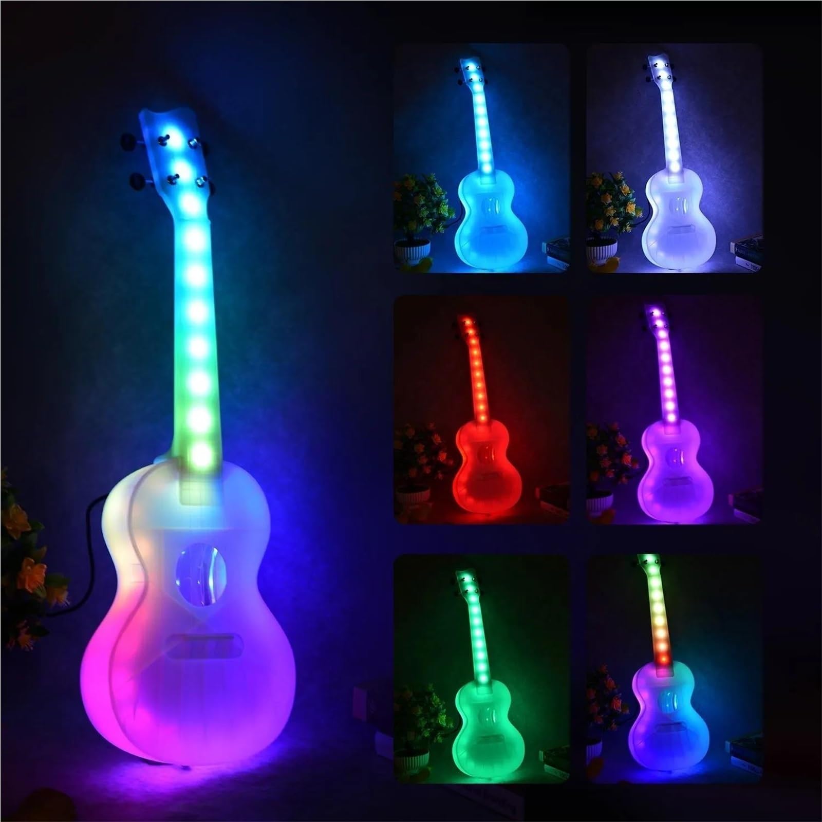 Ukulele Set 23 Zoll Ukulele Mit Farbenfroher LED Beleuchtung Carbon Saiten Gigbag Und USB Ladekabel