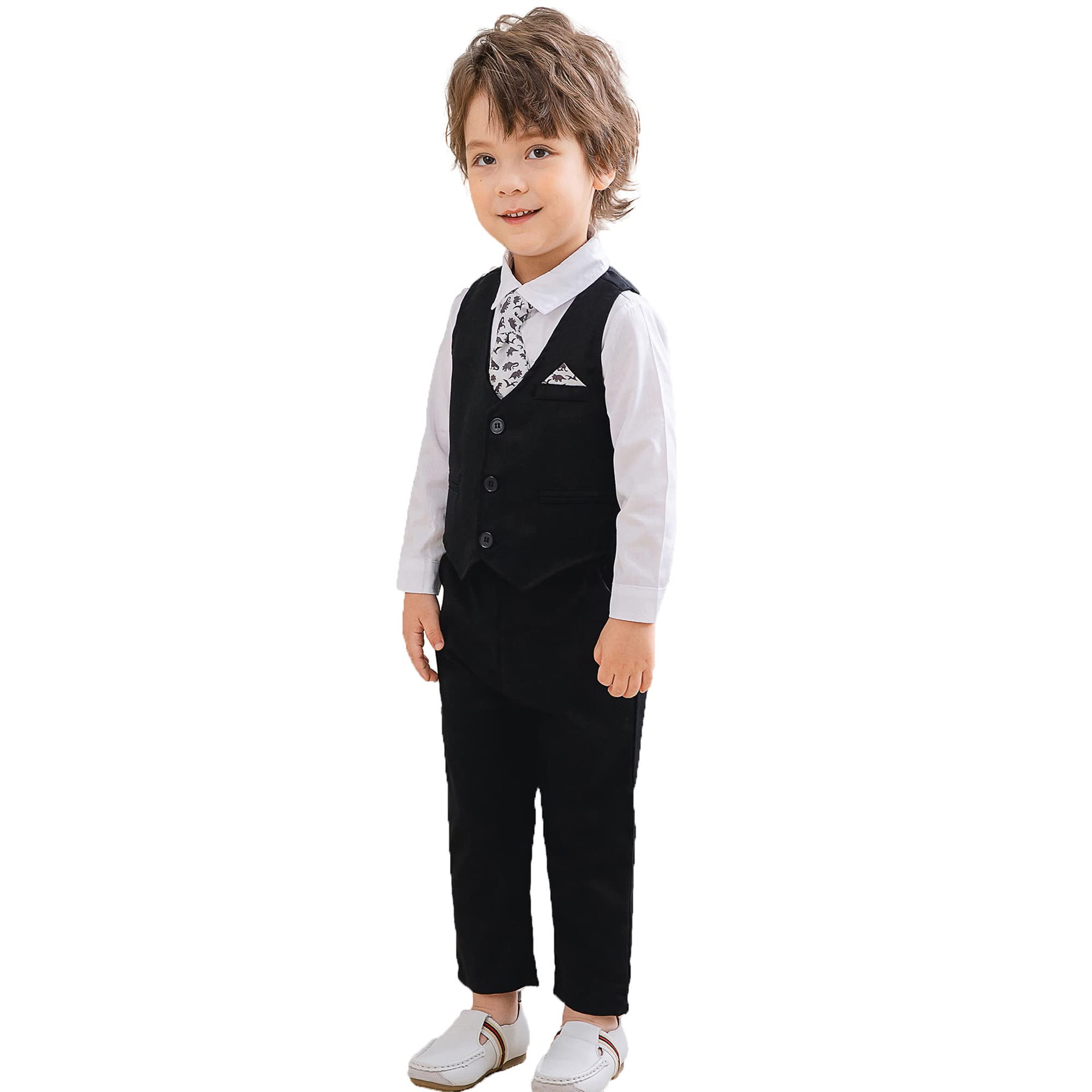 JasberBaby Baby Boys Gentleman Suits Toddler Kids Wedding Outfit Clothes 4 Pieces Dress Shirt & Pants & Vest Set, 2-6 Years Black