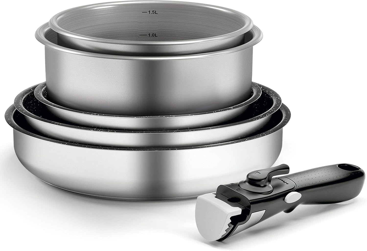 Backen 199906, batterie de cuisine 6 pieces, 3 poeles avec Revêtement antiadhésif, 2 Casseroles, 1 poignée amovible, Inox, Induction, Compatible lave-vaisselle, Garantie 5 ans.