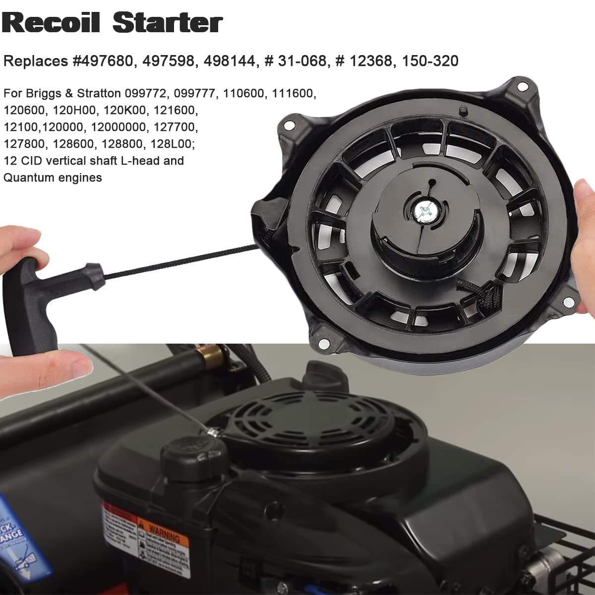 ZAMDOE 497680 Conjunto de arrancador de Retroceso para Briggs & Stratton 497598 498144 12 Motor CID Motor, arrancador de rebobinado para Oregon 31-068 para rotativo 12368150-3