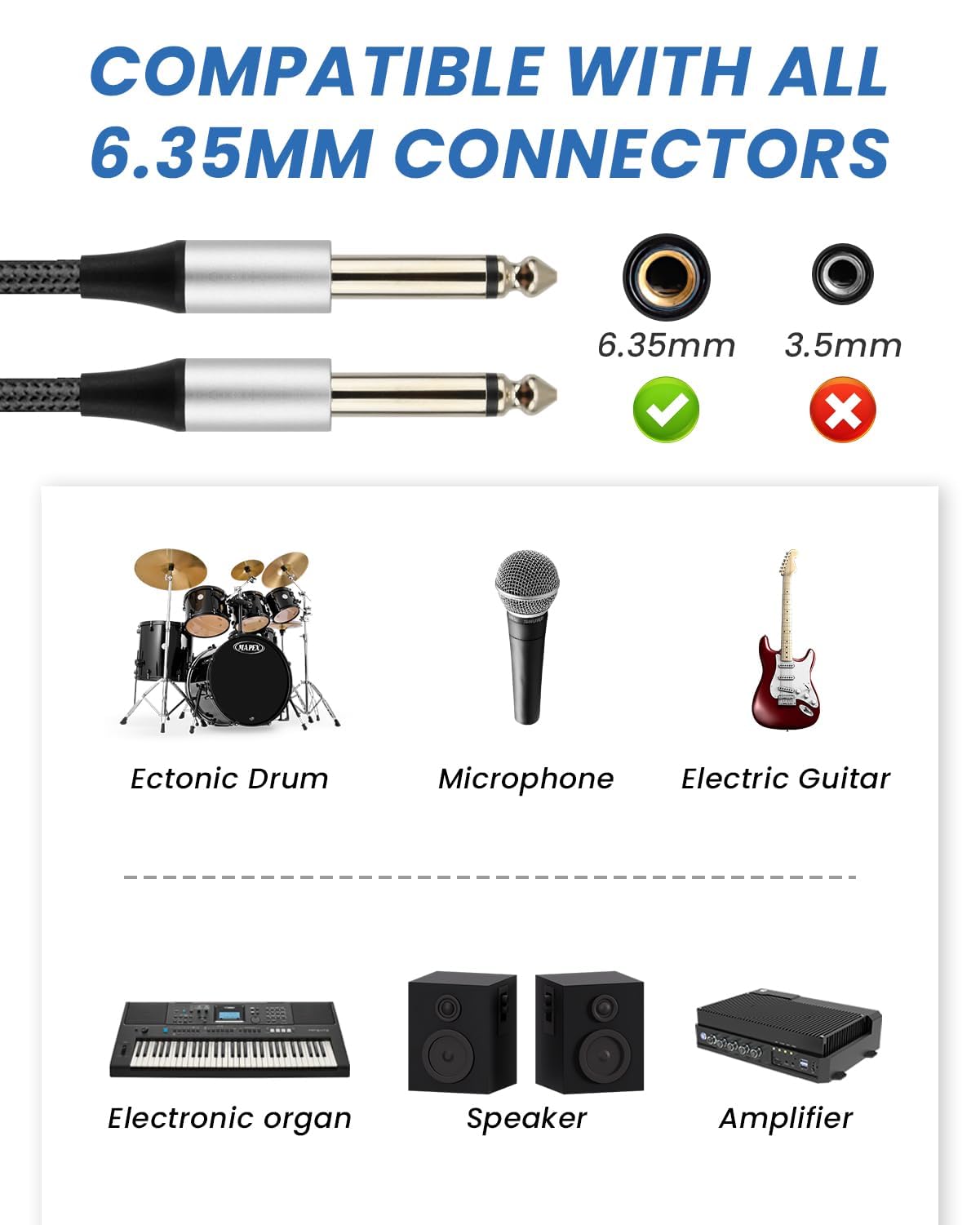 2 Pack Guitar Cable 3 meter/10FT, 6.35mm 1/4 Inch Guitars Amp Cord, Braided Guitar Jack Lead - Image 2