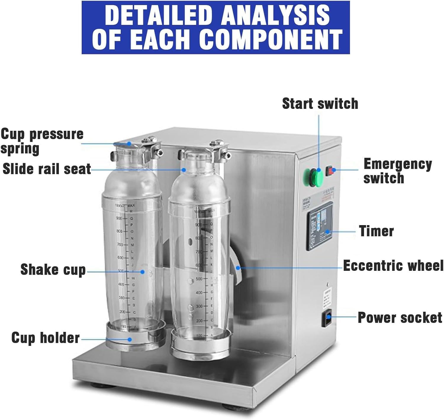 Automatyczna maszyna do wytrząsania herbaty z bąbelkami i 2 kubkami 700 ml, elektryczna podwójna rama, stal nierdzewna, 400 obr./min, 350 ml - 1000 ml, 1-60 sekund