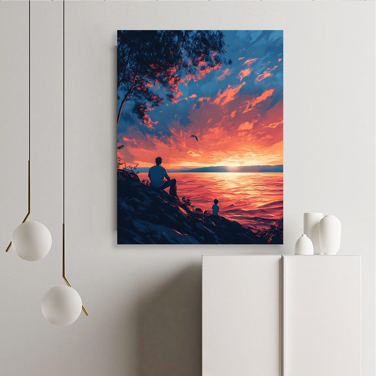 Pianta murale Sunset Coastal View Tela Stampa fotografica su tela Padre e Figlio Opere d'arte Decorazioni murali per la Festa del Papà per Casa Sala da pranzo Nursery 50x70cm Struttura interna