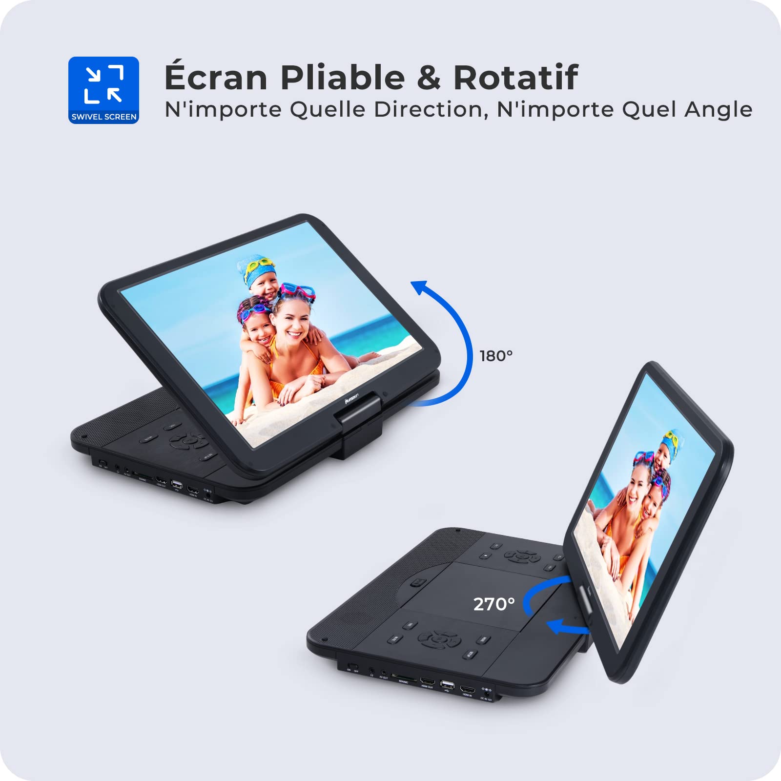 NAVISKAUTO Lecteur DVD Portable , 15.4" Grand Ecran avec Battrie supporte Disque blu-Ray Full HD 1080P,HDMI IN, Décodage de fichiers Audio Dolby, Lecture USB/SD/MMC,MP4/MKV,AV in AV Out