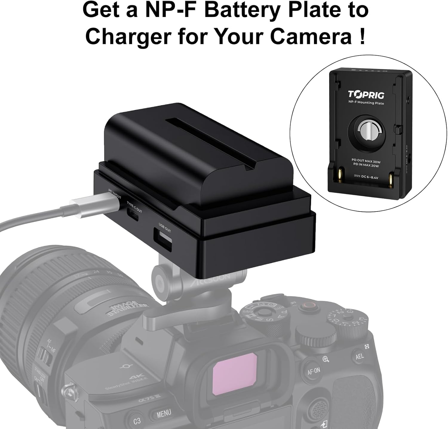 Accsoon Toprig NP-F Battery Adapter Plate for DSLR Camera, PD20W Fast Charging Adpter Mount with LED Indicator, 1/4'' Screw Mount, Compatible with Sony NP-F550/750/970 Battery Power Supply-Lightweight