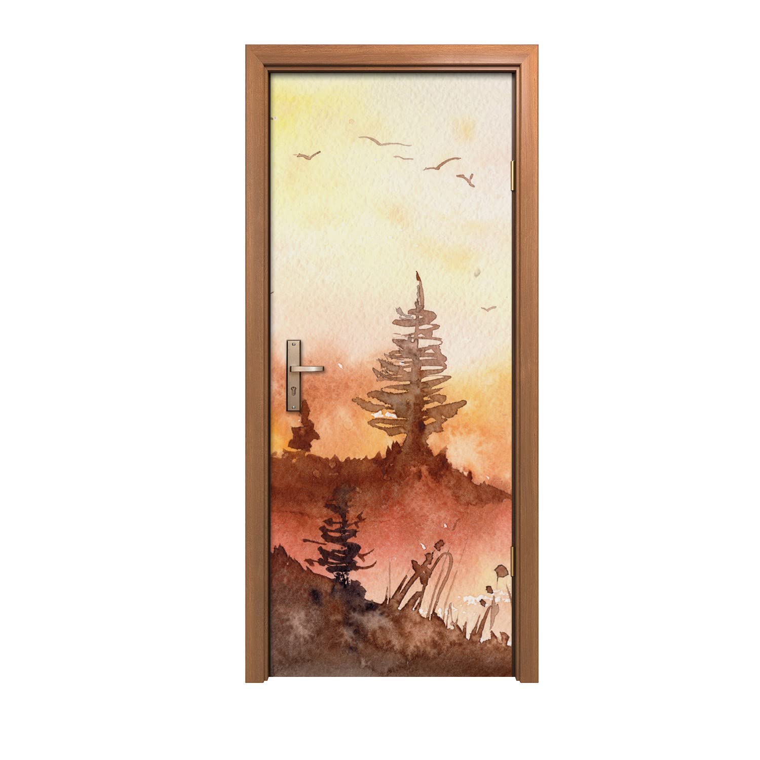 Autocollant de porte Forêt aquarelle déco murale facile à poser