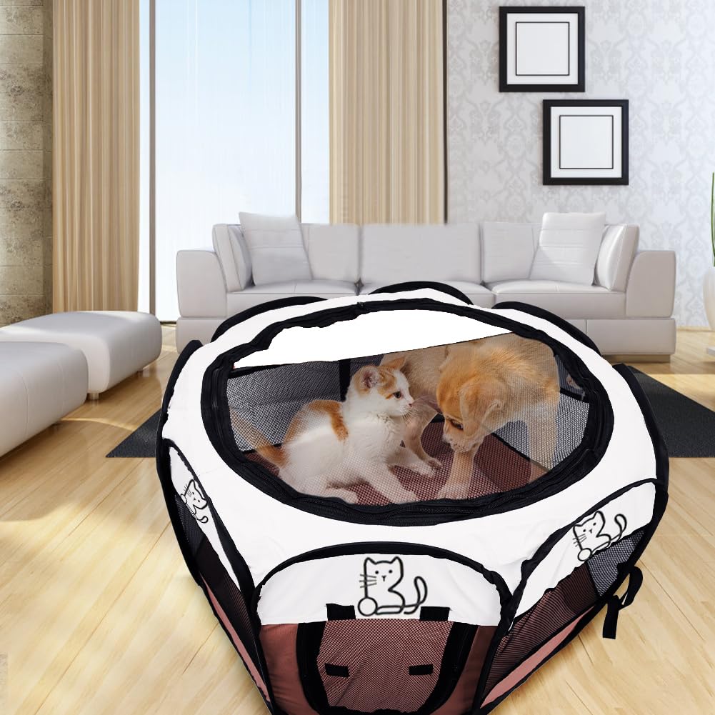 Parque Plegable para Mascotas 74x74x43cm – EUBSWA Parque Ideal para Perros, Gatos, Animales Pequeños, Interior y Exterior (Marrón)