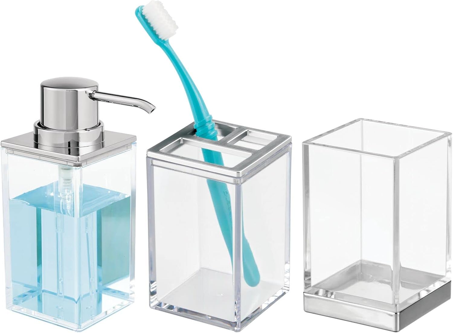 mDesign Square Plastic Bathroom Vanity Countertop Accessory Set - Includes Soap Dispenser Pump, Divided Toothbrush Holder, Tumbler Rinsing Cup - Lumiere Collection - 3 Piece Set - Clear/Chrome