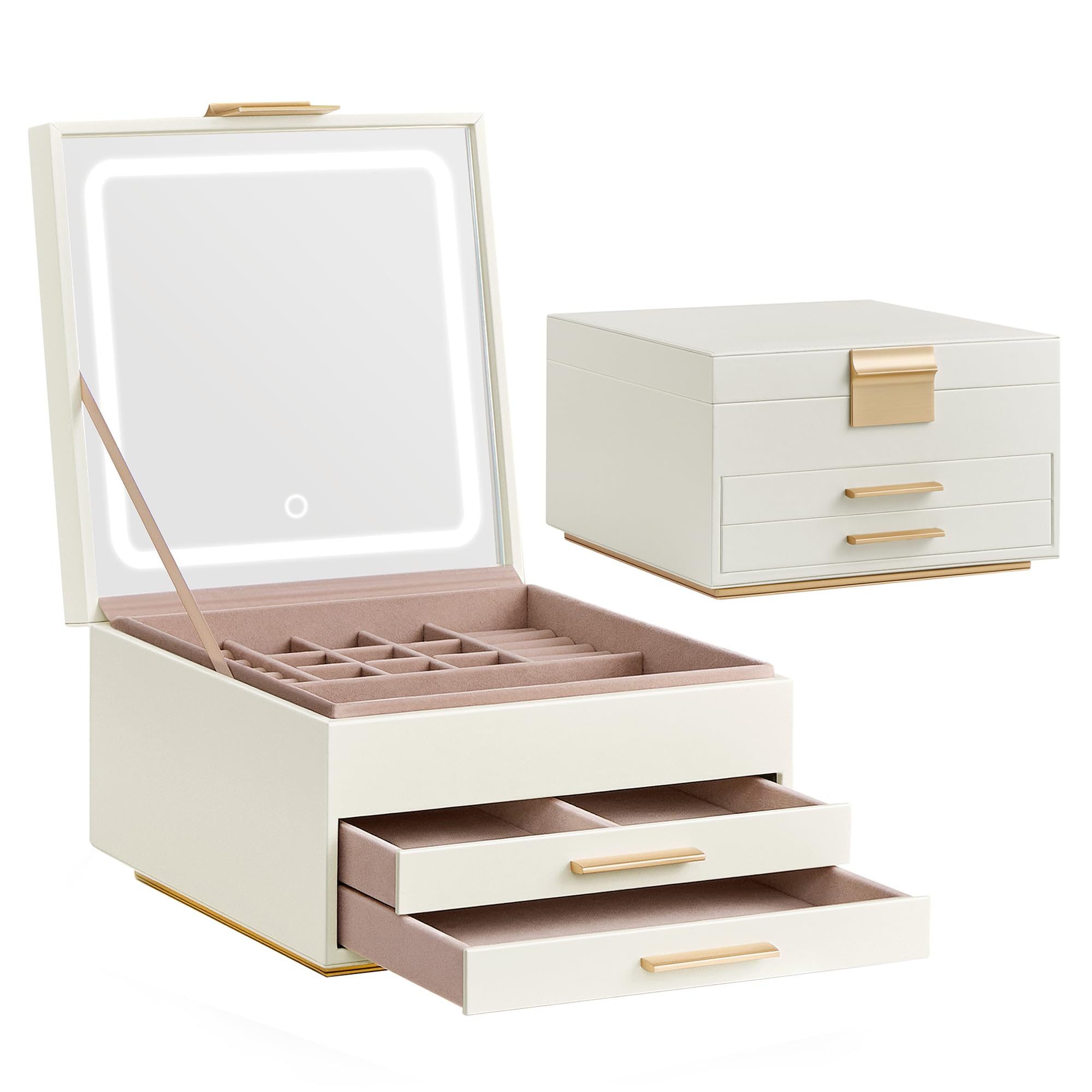 SONGMICSSONGMICS Jewellery Box with Mirror and LED Lights, 3-Layer Jewellery Storage Organiser with 2 Drawers, PU Surface, Floating Base, Modern, Gift Idea, 23 x 23 x 14 cm, Cream White and Gold JBC169W01The Forest Stewardship Council