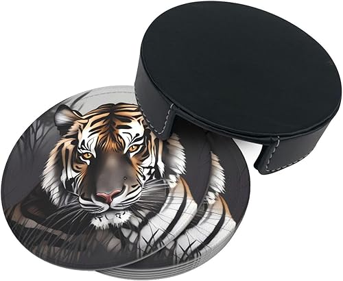 Miniatura 4 de Juego de 6 posavasos de cuero con soporte, diseño de tigre en reposo, para bebidas, con aislamiento, posavasos redondos para decoración de mesa
