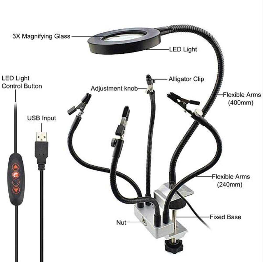 Lupa i lampa biurkowa z podświetleniem LED 3X klips do naprawy rąk pomocniczy uchwyt na klips Lupa biurkowa z regulowaną jasnością