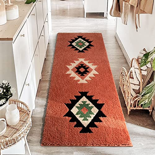 Dexde Boho Bathroom Rug Runner 24X60 Long Bath Mat For Bathroom Bedroom Hallway Kitchen Shower Luxury Soft Absorbent Large Bohemian Carpet Runner Farmhouse Western Decor, Coral Red #TOP11