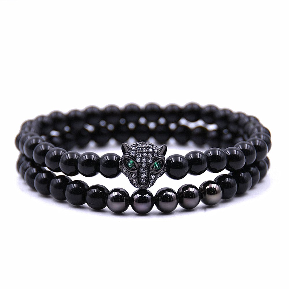 6mm Black Panther Charm Bracelet for Men Boy Women Black Onyx Stone Beads, 7.5"