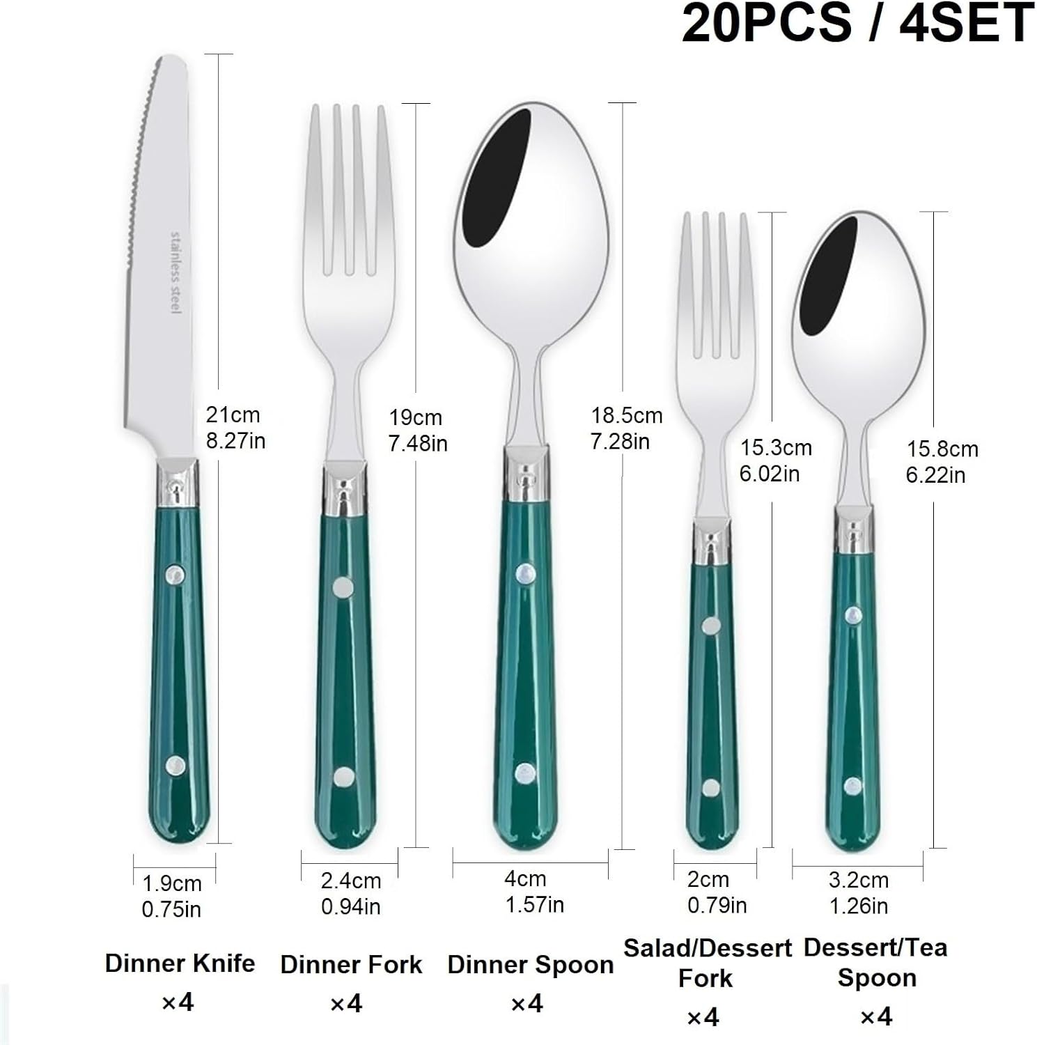 5/20/30-Piece Lightweight Stainless Steel Silverware Set for Everyday Use, Flatware Service for 1/4/6, Steak Knife Fork Spoon Dessert Tea Spoon Fruit Fork, Durable Reusable, White