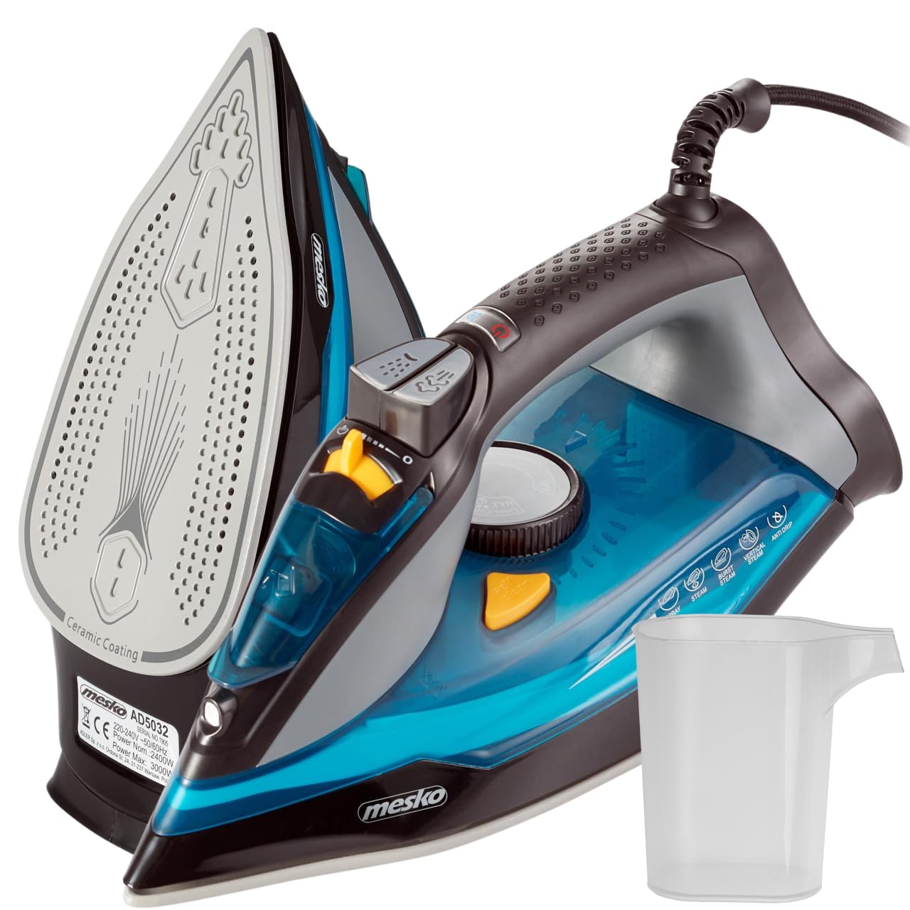 Mesko MS5041 Plancha Ropa Vapor Vertical Suela Cerámica, Golpe de Vapor 80 g/min, Vapor Contínuo 45 g/min, Autolimpieza, Sistema Antigoteo y Antical, 3000W, Depósito 350ml