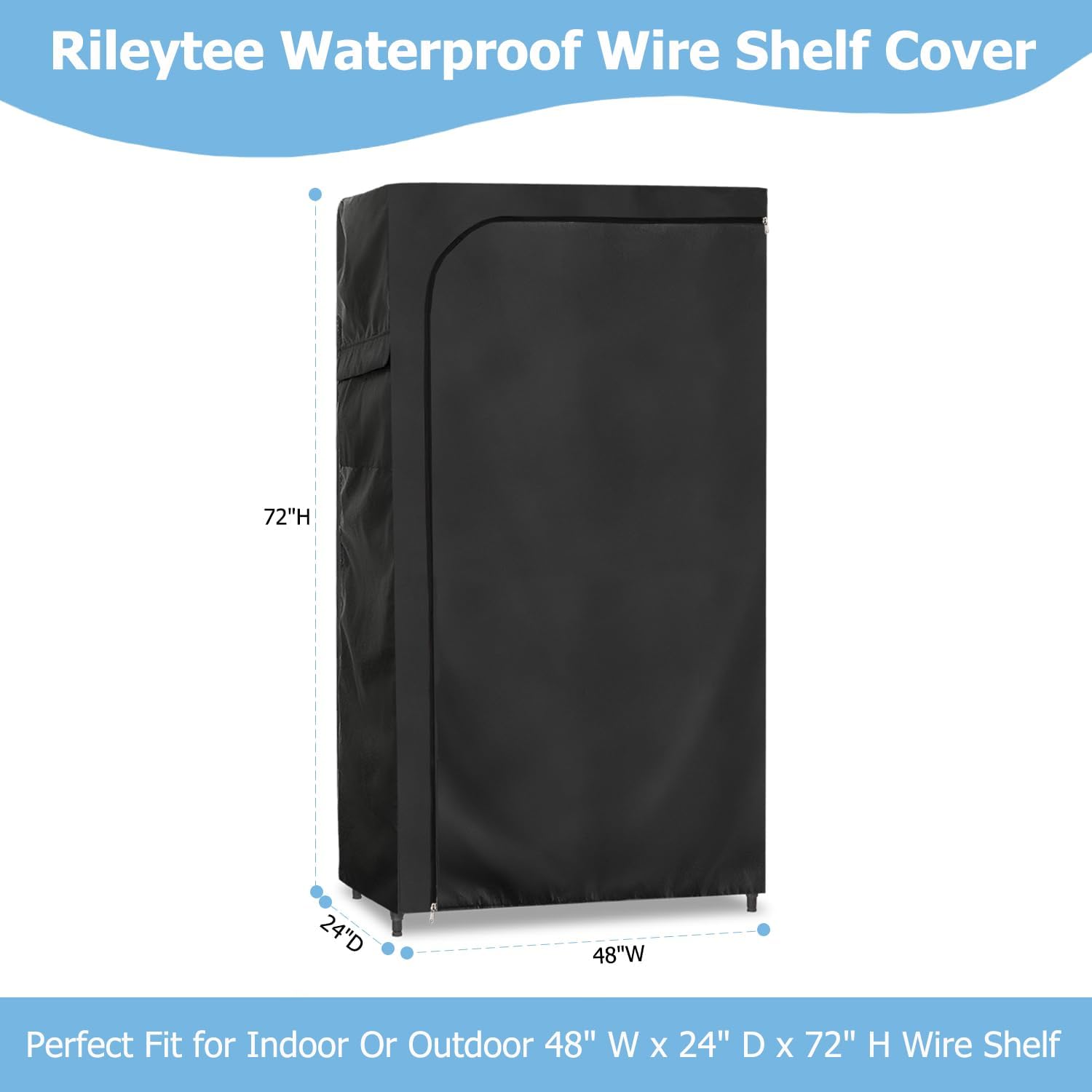 Rileytee Wire Shelf Cover,Heavy Duty 600D Dustproof Waterproof Shelf Covers for Wire Shelving,Outdoor Storage Rack Cover for Wire Rack with Zipper,Black,48"W x 24"D x 72"H