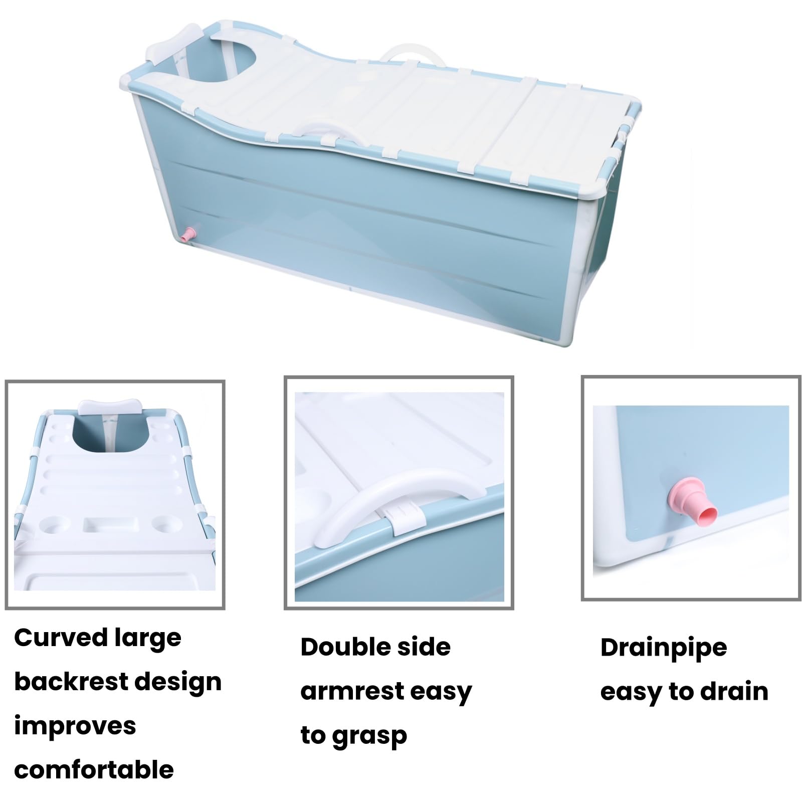 Vasca da bagno pieghevole portatile da 130 cm, vasca da bagno indipendente con coperchio e tubo di scarico, vasca da bagno pieghevole in plastica ispessita blu per adulti, capacità portante 41,9 kg