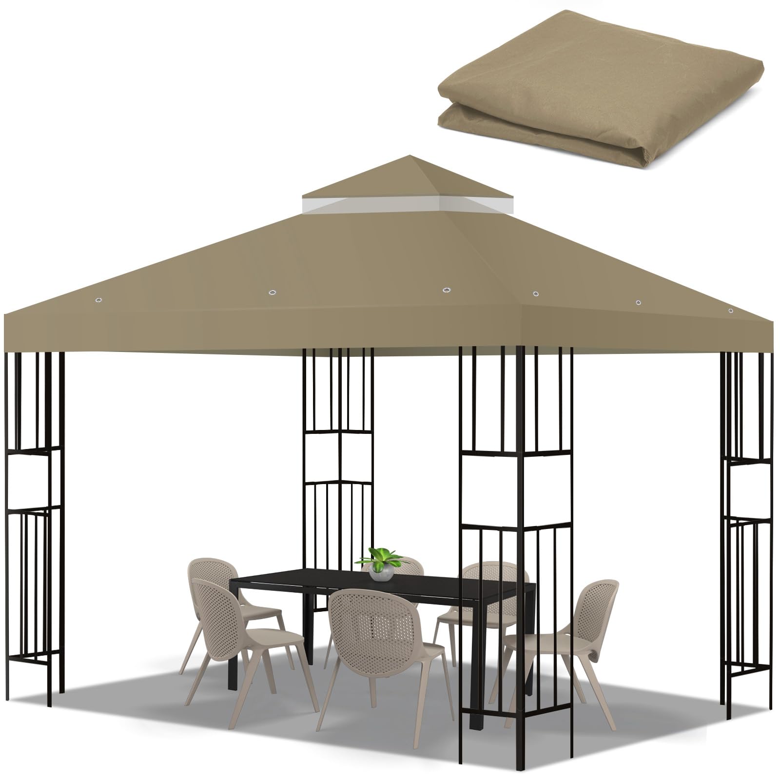 Photo 1 of 10x10 FT Gazebo Replacement Top, Canopy Replacement Cover Double Tiered for Outdoor BBQ Roof Cover Grill Shelter (Khaki)
