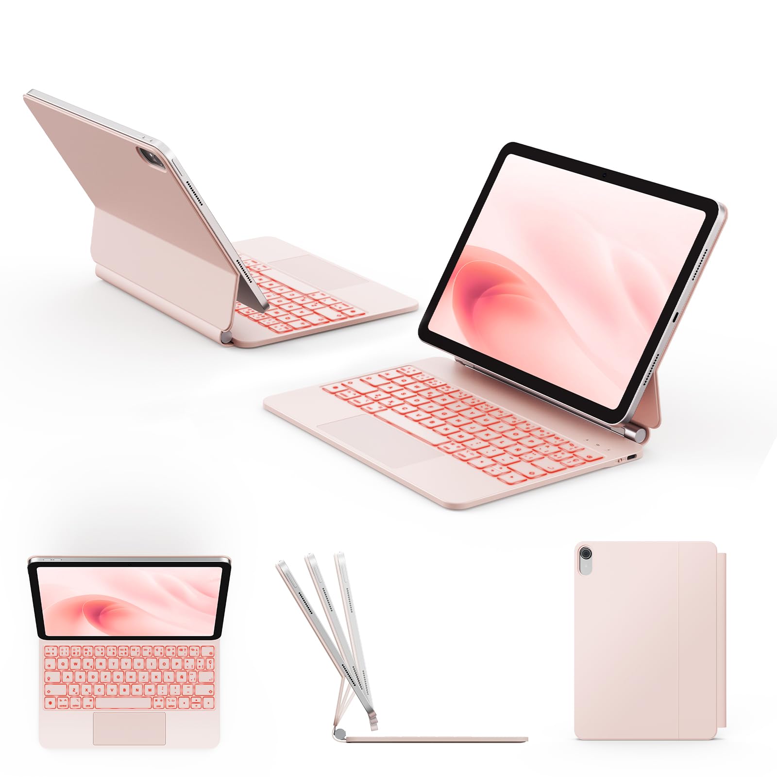 Earto Magic-Style Teclado para iPad (A16) 11ª Gen 2025/iPad 10ª Gen 2022 | Diseño Flotante Magnético, Teclado Retroiluminado de 7 Colores, Superficie Antimanchas, Teclado Español con Ñ, Pink