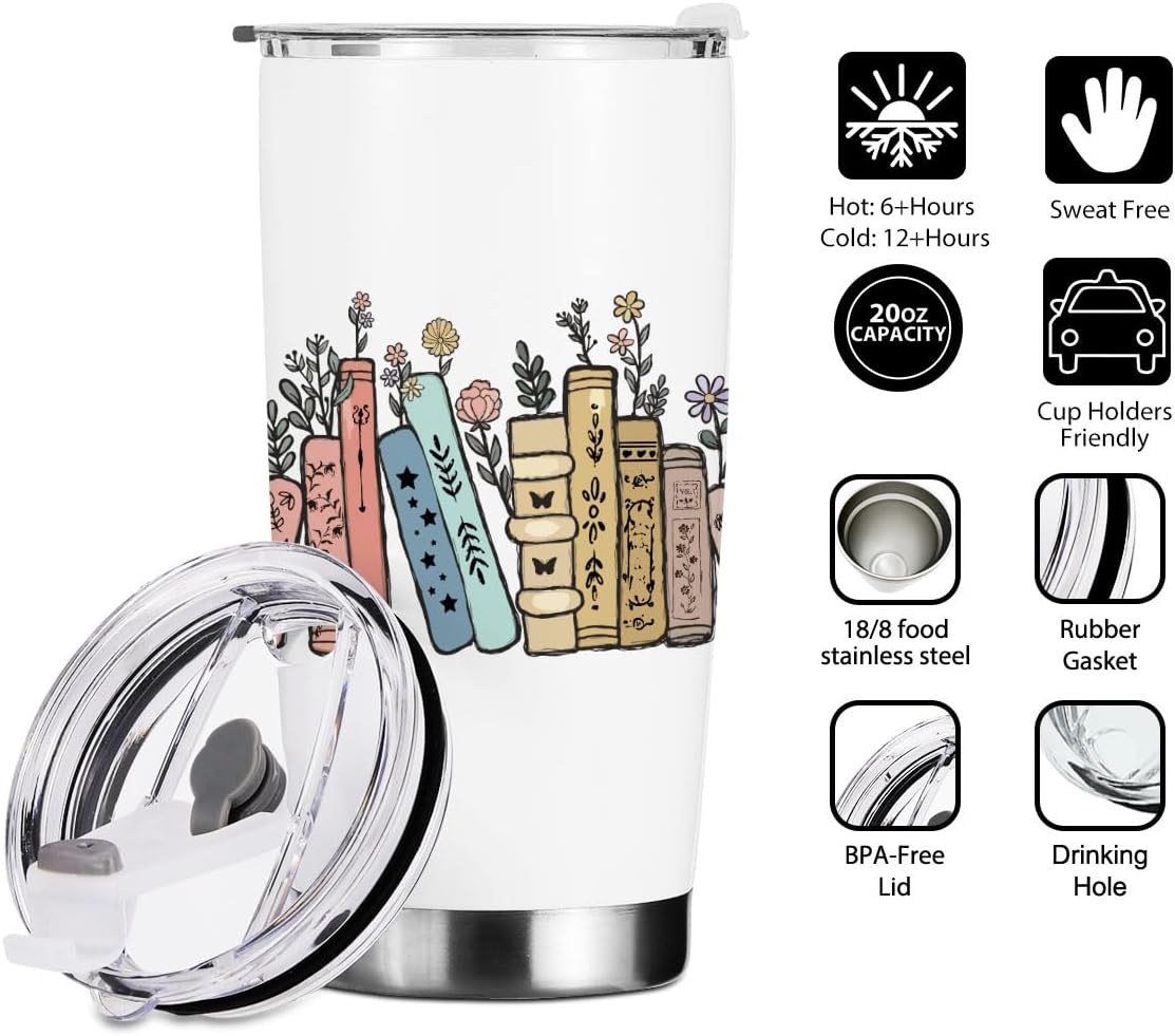 Book Lovers Gifts, Tumbler, Cute Stainless Steel Coffee Mug with Lid, 20 oz Insulated Thermal Cup Birthday Christmas Reading Book Accessories, Librarian Gifts for Women Men Her Teacher Bestie - Image 2