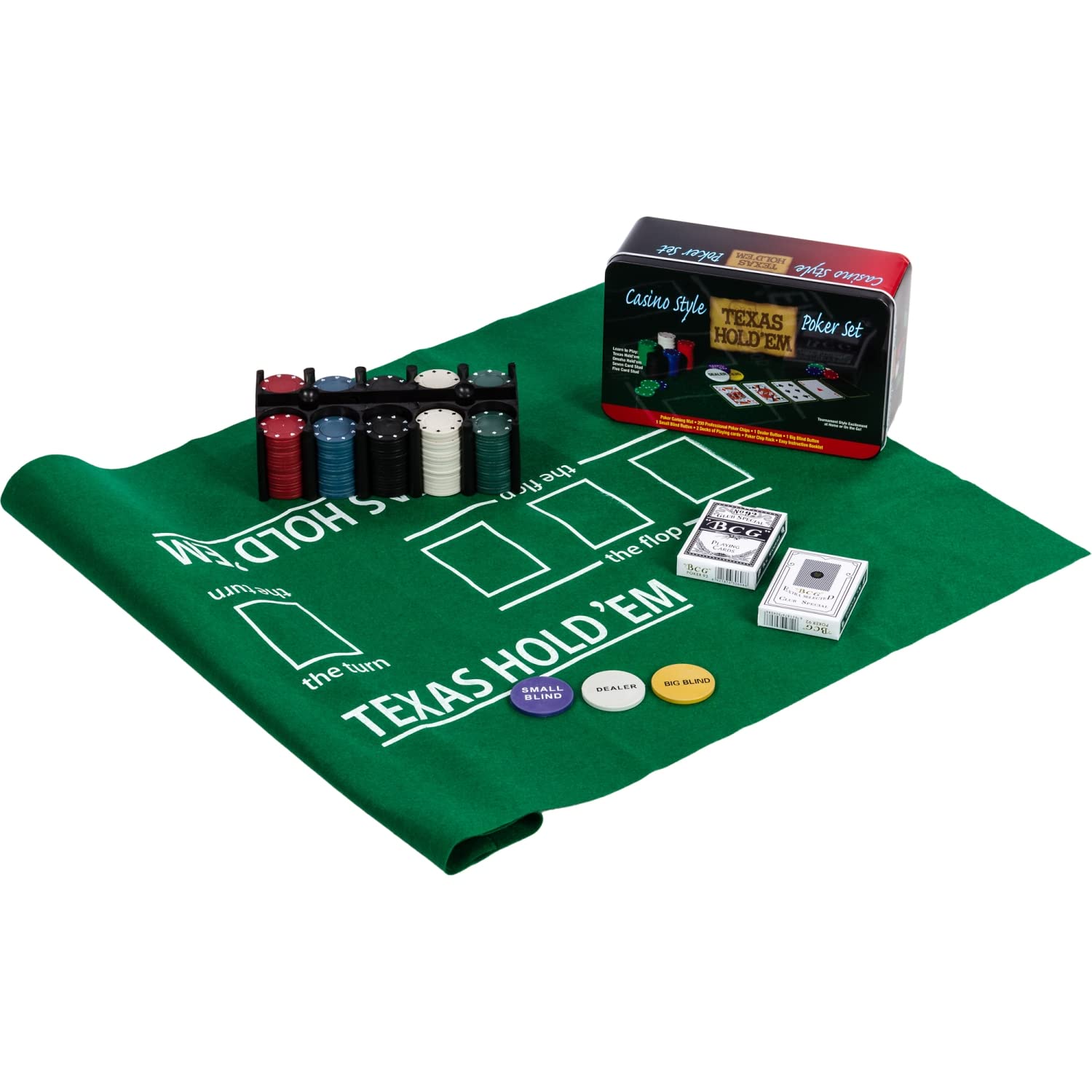 GAMES PLANET Pokerset in Metallbox, 200 Poker Chips, 2 Decks, Dealer Button, Small Blind, Big Blind, Spielmatte Texas Holdem