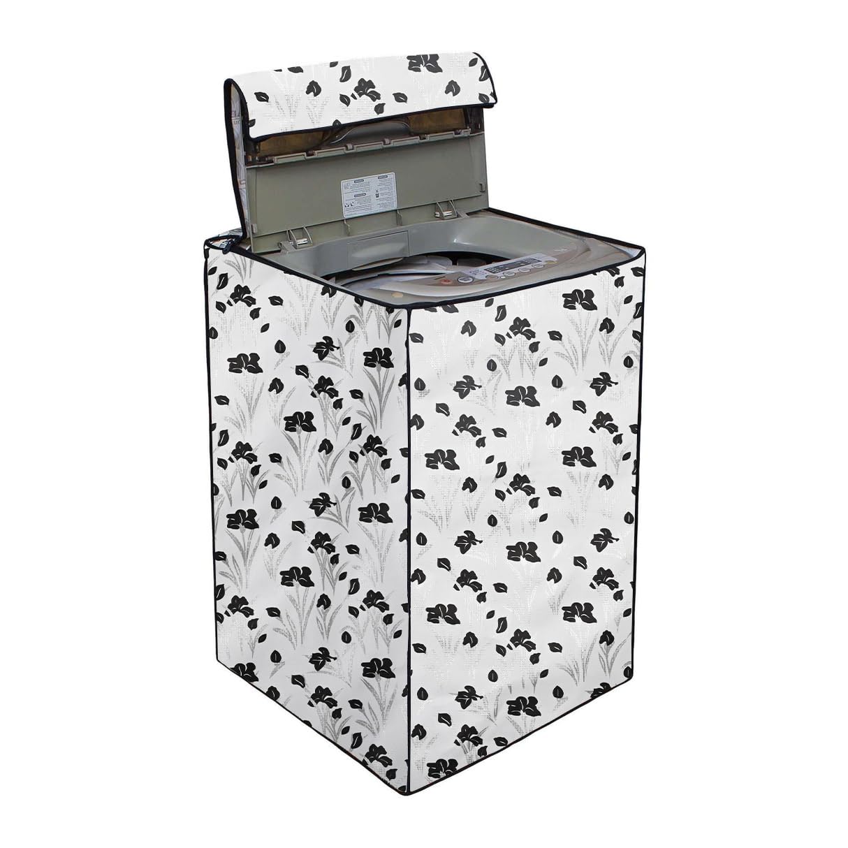 Star Weaves Whirlpool 360° Back Panel Top Load Washing Machine Cover For 8.0 Kg, 8.5 Kg, 9 Kg, 9.5 Kg, 10 Kg (63Cms X 66Cms X 106Cms, Black & White Flowers).