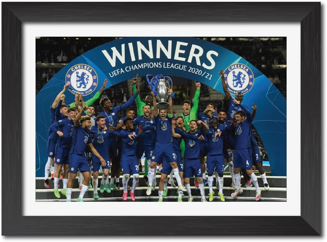 Chelsea FC UCL 2021 Moments Laminated Poster Framed Painting with Matt Finish Black Frame (12 inches x 9 inches)