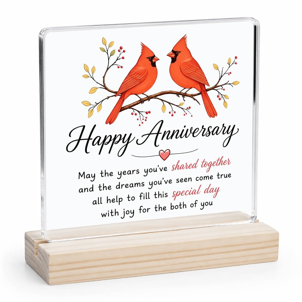 LCOLYDM Wedding Gifts for Him Her, Valentines Day Presents for Husband Wife, Red Cardinal Birds Acrylic Plaque, Wedding Marriage Gift for Couples, 1 Romantic Home Decor, 10cm