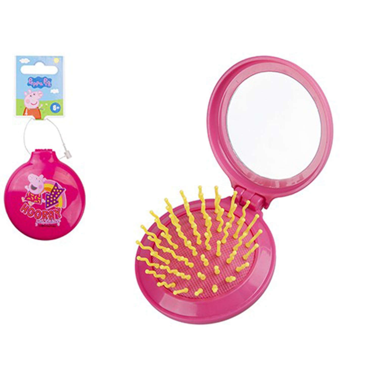 Peppa Pig Pink Pop-Up Brush & Compact Mirror - 7cm, 1 Piece - Mini Folding Hairbrush with Mirror, Perfect Gift or Prize