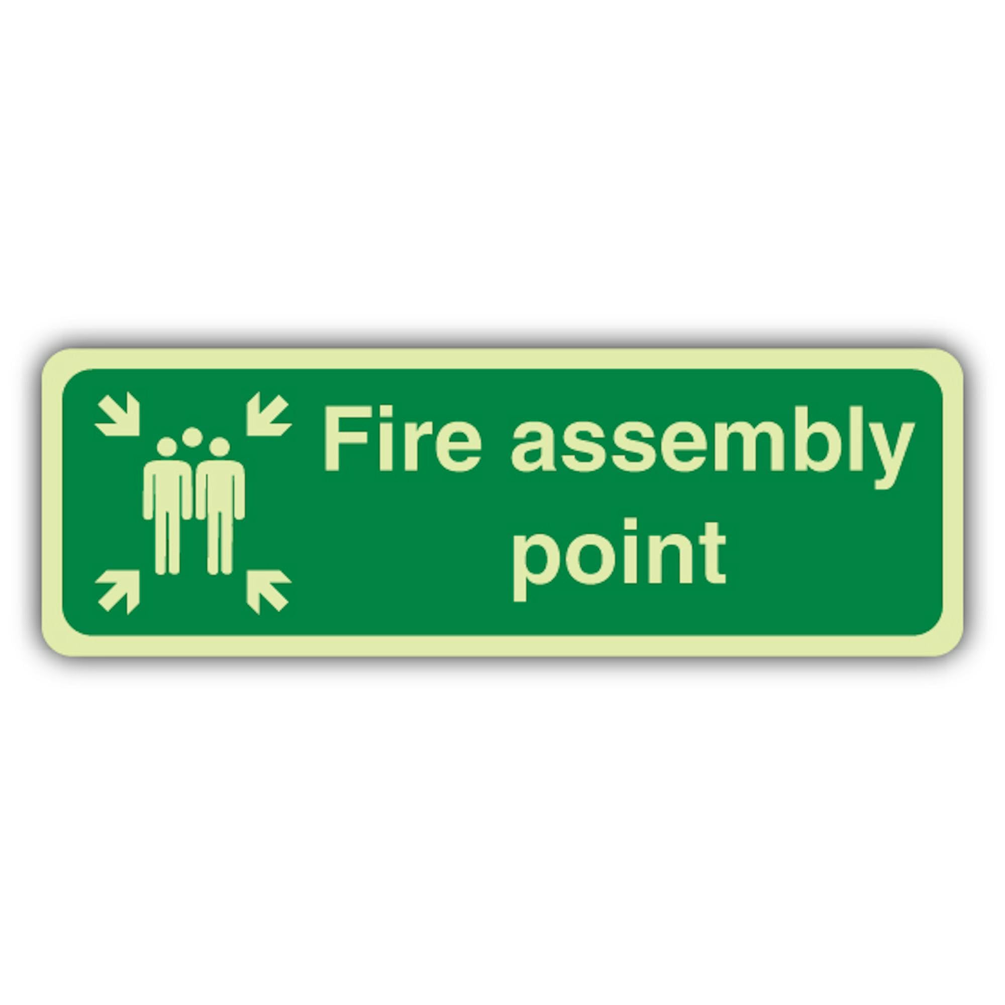 V Safety - Señal de punto de montaje de fuego que brilla en la oscuridad, formato delgado, 750 x 250 mm, hecha de vinilo autoadhesivo de triple brillo, señalización de seguridad contra incendios